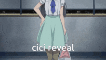 a girl in a white shirt and blue tie is standing next to a sign that says cici reveal on it