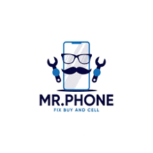 a logo for mr. phone fix buy and cell with a phone with glasses and a mustache .