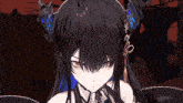 a close up of a girl with horns and a bow tie