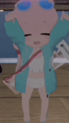 a cartoon character wearing sunglasses and a blue jacket is standing on a wooden floor