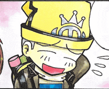 a cartoon character wearing a yellow hat with a crown on top