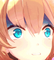 a close up of a girl with blue eyes