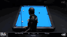 a man is playing pool on a blue diamond pool table