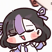 a cartoon drawing of a girl with purple hair and a bow in her hair