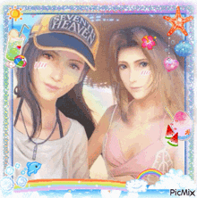 a picture of two women with one wearing a seventy heaven hat