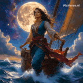 a painting of a woman on a ship with pixverse.ai in the corner