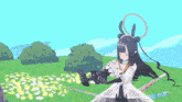 a girl in a white dress is standing in a field of flowers .
