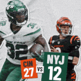 a football player from the new york jets holds a sign that says nyj 27 vs 12