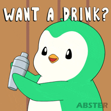 a green penguin holding a shaker with the words want a drink written above it