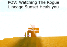 a screenshot of a video game that says " watching the rogue lineage sunset heals you " at the top