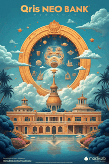 a poster for qris neo bank shows a building with a clock on top of it