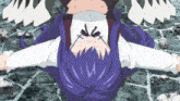 a girl with purple hair is laying on her back with her arms outstretched