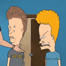 beavis and butthead are standing next to each other and beavis is wearing an ac dc shirt