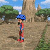 a cartoon boy wearing a blue helmet and red pants