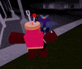 a person in a video game with a cake on their head