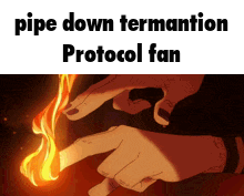 a picture of a person holding a fire with the words pipe down termantion protocol fan below it