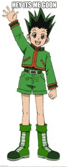 gon from hunter x hunter is wearing a green jacket , shorts , and boots .