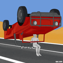 a cartoon of a man sitting under a red car with npc.com written on the bottom right