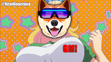 a cartoon of a dog wearing sunglasses with the word gm written in red