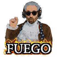 a man wearing sunglasses and headphones stands in front of a sign that reads fuego