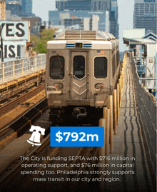 the city is funding septa with $ 792 m in operating support and $ 76 million in capital spending too