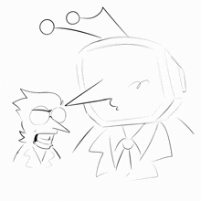 a black and white drawing of a man with glasses talking to another man