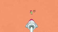 a cartoon character is riding on the back of a rocket while wearing a pink hat