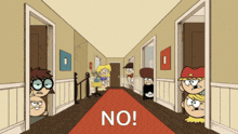a group of cartoon characters standing in a hallway with the words no on the floor