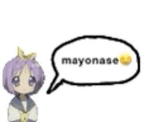 a cartoon girl with purple hair and a speech bubble that says mayonnaise .