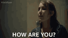 a woman says how are you in a bathroom