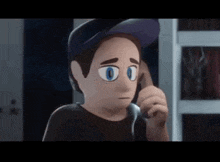 a cartoon boy is talking on a cell phone in a room .