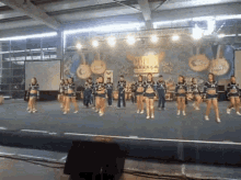 a group of cheerleaders are performing on a stage in front of a sign that says ' usa '