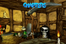 a video game screen shows a grim reaper and the words chapters in blue letters