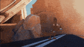 a cartoon of a coyote standing on a road with a rock in the background