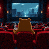 a cartoon of a bear sitting in a movie theater holding a cup of coffee