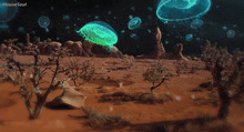 a computer generated image of a desert with jellyfish and the words illusive soul below it