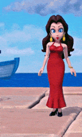 a cartoon character in a red dress stands on a dock