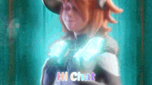 a cartoon character with the words hi chat written on it