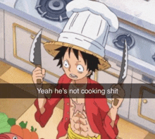 monkey d luffy is wearing a chef 's hat and holding two knives .