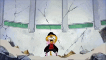 a cartoon character is standing in a room with a cracked wall in the background .
