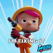 a cartoon character holding a drill with the words i 'm fixing it below him