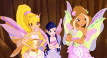 a cartoon of three fairy girls standing next to each other with their arms crossed