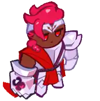 a cartoon character with a red hair and white armor .