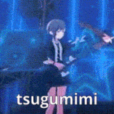 a girl is standing on a stage with a microphone in her hand and the word tsugumimi on the bottom .