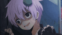 a girl with purple hair is holding a pair of scissors and making a funny face