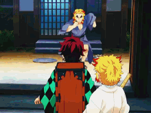 a group of anime characters are standing in front of a doorway