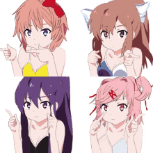 four anime girls are pointing their fingers at something