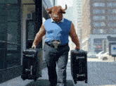 a man with a bull 's head is walking down the street carrying two suitcases