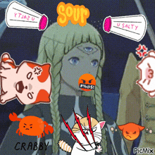 a picture of a girl with a crab and a cat with the words crabby on it