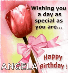 a birthday card for angela with a red rose and a pink bow .